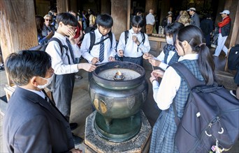 Group of Japanese students at Kiyomizu-dera temple, Kyoto, Japan, Asia