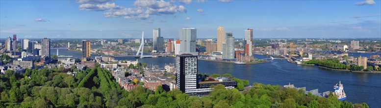 Aerial panorama view of Rotterdam city and the Erasmus bridge Erasmusbrug over Nieuwe Maas river