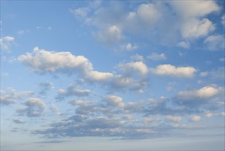 Fleecy clouds adorn the blue evening sky