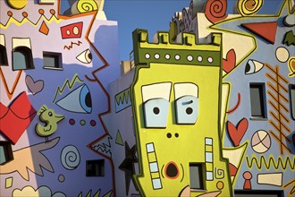 Happy Rizzi House, designed by the artist James Rizzi in pop art paintings, detail of the façade,