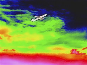 Aircraft on take-off. Thermal image or thermography, symbol photo, interpolated. Germany