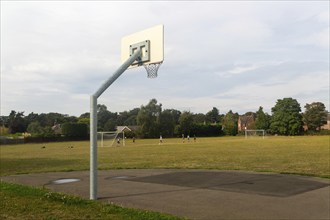 Village sporting facilities football pitch and basketball hoop, Alderton, Suffolk, England, UK