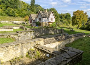 Overview of excavated walls and museum building, Chedworth Roman Villa, Chedworth, Cotswolds,