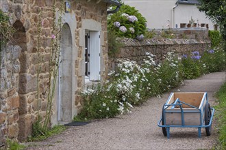 Typical alley, path on the Ile de Brehat, handcart as a transport aid on the car-free island, Ile