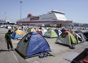 Refugees on 13.04.2016 in a camp in the port of Piraeus, Greece, Europe