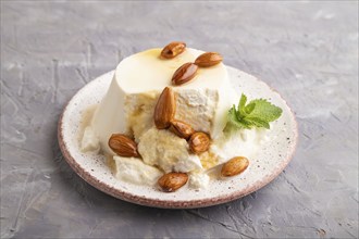 Ricotta cheese with honey and almonds on gray concrete background. side view, close up