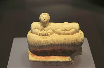 Ggantija temples visitor centre display museum, Gozo, Malta two seated figures carved in stone