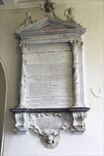 Genealogical family monument memorial in St Mary parish church, Benhall, Suffolk, England, UK