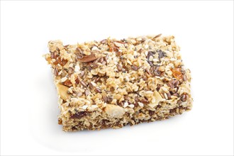 Homemade granola from oat flakes, dates, dried apricots, raisins, nuts isolated on white background