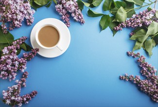 Purple lilac flowers and a cup of coffee on pastel blue background. Morninig, spring, fashion