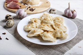 Dumplings on a plate with ingredients (meat, dough, spices) on a linen tablecloth on a white wooden