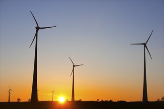 Wind turbines at sunrise, Wevelsburg wind farm, Büren, Paderborn plateau, North Rhine-Westphalia,