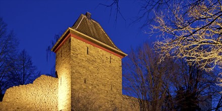 Illuminated Trinsen Tower in the evening, Old Town, Ratingen, Bergisches Land, North