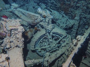 Motorbike, cargo lower deck, cargo holds, dive site wreck of the Thistlegorm, Red Sea, Egypt,