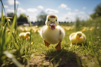 A close-up of a cute duckling standing in a sunlit meadow, with other ducklings and wildflowers in