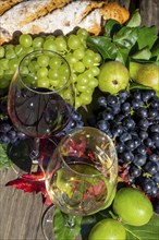 Symbolic image of grape grape harvest: Ripe grapes decorated with wine glasses on a wooden table