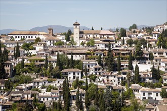 View of historic Moorish buildings in the Albaicin district of Granada, Spain seen from the