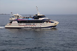 Tourist passenger glass bottom boat 'Princes Ico' at Corralejo, Fuerteventura, Canary Islands,