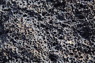 Close up of air holes in rock formed from volcanic lava flow, Fuerteventura, Canary Islands, Spain,