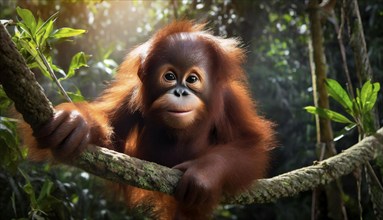 Cute little orangutan baby in dark rainforest looks curious, portrait, AI generated, AI generated