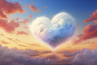 Painting of a heart-shaped cloud illuminated by the warm hues of sunset, floating above a serene