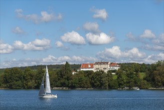 Immenstaad on Lake Constance, Kirchberg Castle, Sailing boat, Forest, Baden-Württemberg, Germany,