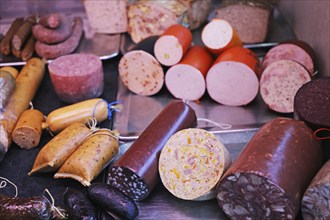 Sausage counter in a butcher's shop