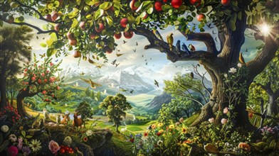 Illustration of paradise garden of Eden, happy eternal life, AI generated