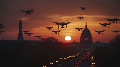 Swarm of UAV unmanned aircraft drones flying near the United States capitol at sunset, AI generated