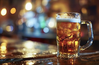 Cup of beer standing on the table ready to be consumed before the sport game, AI generated