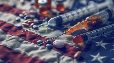 Painkiller epidemic in the US, tablets, needles and syringes lying on American flag, AI generated