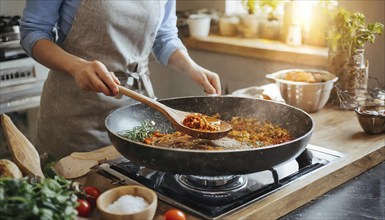 A woman is cooking food in a pan on a stove. She is using a wooden spoon to stir the food. The