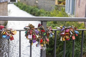 Padlocks on a bridge over the river Gera, Erfurt, Thuringia, Germany, Europe