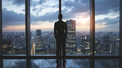 Confident business manager executive overlooking financial center from corporate office, AI