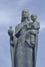 Marienbrunnen with Madonna figure with baby Jesus and orb built in 1954, sculpture, detail,