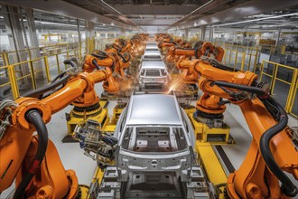 Car factory conveyor belt assemblance line production with robots and artificial intelligence, AI