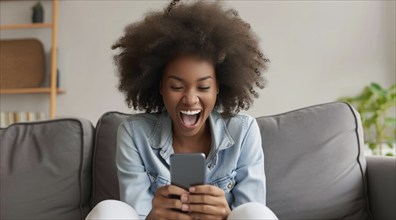 Younge black happy girl playing on smartphone apps, betting money online and shopping online, AI