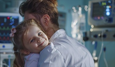 Doctor hugging little girl in hospital room. Smiling young girl being held by a doctor, AI