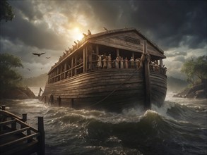 Noah Ark is in the water with a group of people and animals on it, AI generated