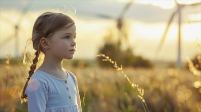 A girl stands in a field of flowers next to a wind farm that produces green sustainable energy, AI