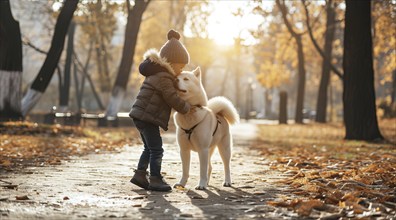 Child walking the cute dog and kissing his pet in the park, AI generated