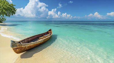 Wooden canoe at the scenic beach in Asian resort island near popular tourist destination hotel, AI