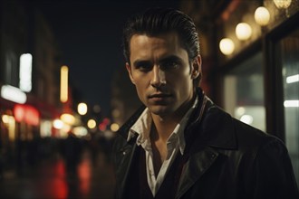 A handsome young man in a black coat in front of a red sign of a pub. The image has a dark and