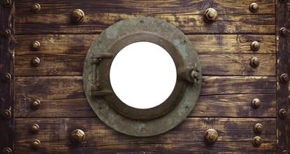 Vintage aged brass ship porthole mounted on a wooden hull with a white background. generative AI,