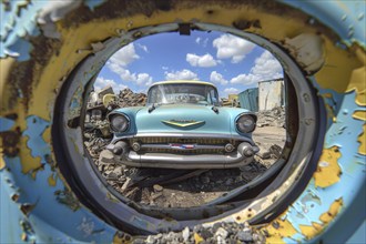 An old, weathered and dusty US-American classic car, wreck, of the type Chevrolet Bel Air from the