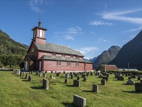 Church of village Fjaerland, the norwegian book town at the Sognefjord, Norway, Europe