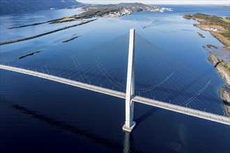 Aerial view of Helgeland bridge, connecting Sandnessjøen with the norwegian mainland, Norway,