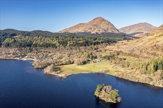 Aerial view of Inveruglas island, Lake Lomond, Scotland, United Kingdom, Europe