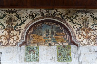 Historic Islamic artwork on outside wall of Et'hem Bej Mosque, Tirana, Albania, Europe