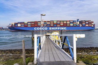 Harbour tug brings the container freighter Cosco Shipping Leo to its berth at Hutchison Ports ECT